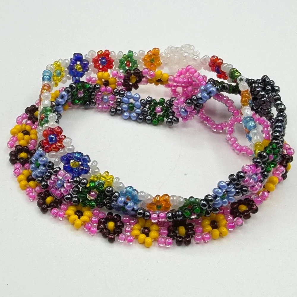 3Pc Colorful Handmade Seed Bead Floral Bracelets Daisy Friendship Jewelry Set